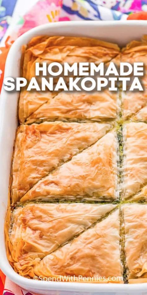 Spanakopita is a traditional Greek spinach pie. Made with phyllo dough and homemade spinach and feta filling it is an easy appetizer or side dish, especially when sliced into triangles. #spendwithpennies #spanakopita #Greek #spinachpie #pastry #sidedish #appetizer #triangles Spanakopita Recipe, Greek Spinach, Phyllo Recipes, Greek Dinner, Greek Spinach Pie, Greek Recipes Authentic, Greek Dinners, Greek Foods, Spinach Pie