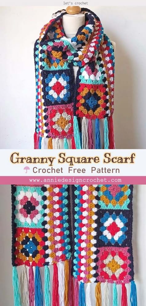 Crochet Granny Square Scarf, Granny Square Scarf, Granny Square Projects, Crocheted Scarves, Idle Hands, Poncho Crochet, Crochet Scarf Pattern Free, Square Crochet Pattern, Crochet Scarfs