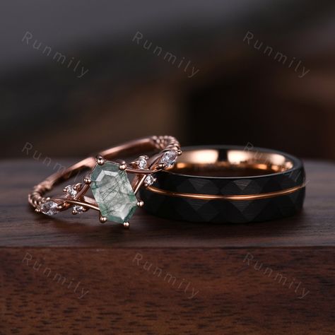 Here we have a Vintage Green Moss Agate Couples Ring Rose Gold Matching Ring Set His and Hers Wedding Band Promise Ring For Men For Women Natural Agate Gem ITEM DESCRIPTION ✦ Handmade, high-quality item! ✦ Material: Sterling Silver/Tungsten ►Sold as a two-piece set ►His ring is Rose Gold and Black Tungsten Carbide. ►His band width: 6mm ►His tungsten ring will not turn green itself and will not cause your skin to turn green.  ✦ Durable - Incredibly Scratch-Resistant to always look great. ✦ Comfor Promise Ring For Men, Green Wedding Rings, Matching Ring Set, Taylor Wedding, Agate Wedding, His Ring, Couples Ring, Stacked Wedding Rings, Green Moss Agate