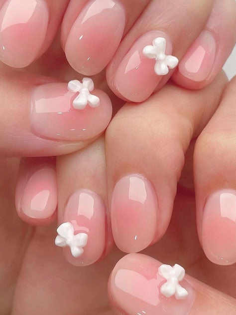 cute Korean nails: nude pink blush with ribbon charms Korean Easter Nails, Korean Jelly Nails Designs, Gel Korean Nails, Nail Designs Light Purple, Nail Designs Sage Green, Blue Nails Pastel, Nail Ribbon, Green Nails Light, Cute Korean Nails