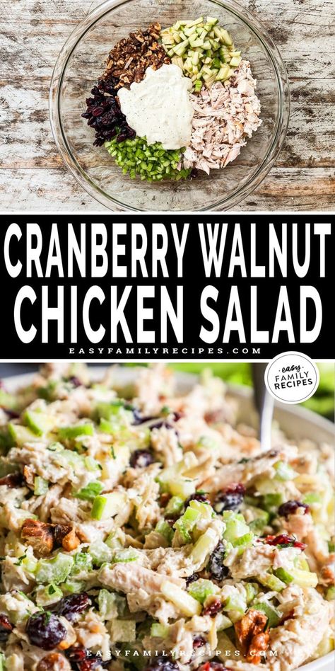 Our Easy Cranberry Walnut Chicken Salad is a versatile family recipe perfect for holiday gatherings, brunch, or a quick meal. Made with shredded chicken breast (or leftover turkey), this chicken salad features a medley of flavors, including crisp celery, sweet apples, and toasted walnuts. The result is a delightful blend of textures and tastes in every bite. Simplify your meal preparation with this quick and easy chicken salad, ensuring a hassle-free yet delicious addition to your table. Chicken Cranberry Walnut Salad, Apple Walnut Chicken Salad, Turkey Salad Recipe With Grapes, Chicken Salad Recipe With Cranberries, Paula Deen Chicken Salad, Chicken Salad With Walnuts Recipe, Cranberry Chicken Salad Recipe, Quick And Easy Chicken Salad, Waldorf Chicken Salad Recipe