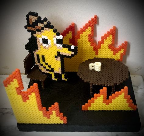 This Is Fine Pixel Art, The Office Perler Bead Patterns, Perler Bead Memes, Funny Perler Beads, Meme Perler Beads, This Is Fine Meme, Hama Art, Bead Templates, Hamma Beads Ideas