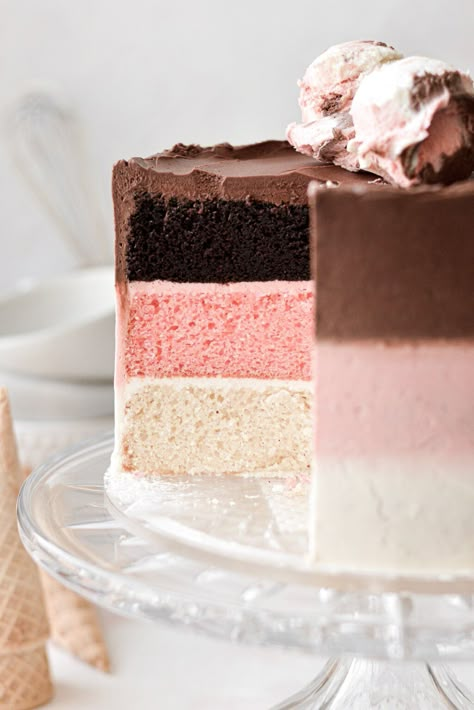 8 Inch Layer Cake, Striped Cake Ideas, Layered Cake Ideas, Napoleon Recipe, Layered Cake Recipe, Neopolitan Cake, Three Layer Cake, 3 Layer Cake, Neapolitan Cake