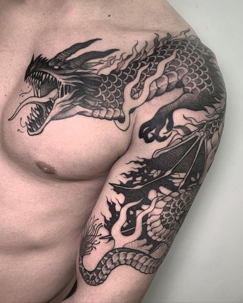 Dragon Tattoo Shoulder, Cover Up Tattoo Design, Black Dragon Tattoo, Dragon Tattoo Arm, Tattoo After Care, Designer Tattoo, Dragon Tattoos For Men, Dragon Tattoo Art, Tattoo Ideas Unique