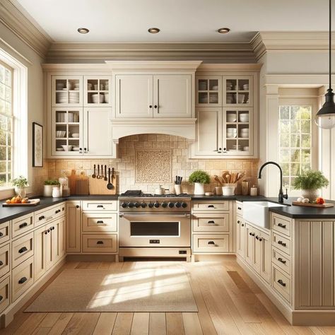 Black Granite Cream Cabinets, Taupe Kitchen Cabinets With Dark Granite, Farmhouse Kitchen With Black Granite Countertops, Cream Kitchens With Black Appliances, Countertops With Beige Cabinets, Beige Backsplash Kitchen, Kitchen Cabinets With Black Granite, Dark Countertops White Cabinets, Beige Cabinets Kitchen