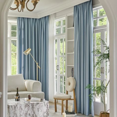 Imagine waking up feeling refreshed, without any harsh sunlight peeking through your curtains. 🌅 Our blackout curtains create a cozy, dark oasis for the perfect night's sleep. Made with soft, eco-friendly fabric, they block 99% of light and noise. 😴 Plus, you can customize the length and fullness to fit your windows perfectly. Sweet dreams await!⁣ Shop our blackout curtains with code SLEEP10 for 10% off your first order. Click the link in bio. 👆 Light Blue Curtains Living Room, Curtains Bedroom Modern, Blackout Curtains Bedroom Ideas, Curtains With Sheers, Curtains Bedroom Blackout, Curtains Bedroom Ideas, Curtains Apartment, Diy Blackout Curtains, Blue Curtains Living Room