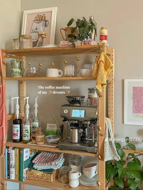 Cottagecore Apartment Kitchen, Kitchen Organization Roommates, Above The Oven Decor, Apartment Decorating Coffee Bar, Coffee Making Station, Small Apt Storage Ideas, Kitchen Decor With Plants, Townhouse Storage Ideas, Cute Apartment Aesthetic Kitchen