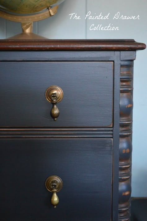 Vintage Chest of drawers, Painted Black Furniture, Vintage Detail, General Finishes Chalk Style Paint, Empire Gray, Pepper Black, Painted Furniture Vstupná Hala, Chalk Paint Dresser, Black Painted Furniture, Blue Chalk Paint, Gray Chalk Paint, Chalk Paint Ideas, Vintage Chest Of Drawers, Painted Drawers, General Finishes