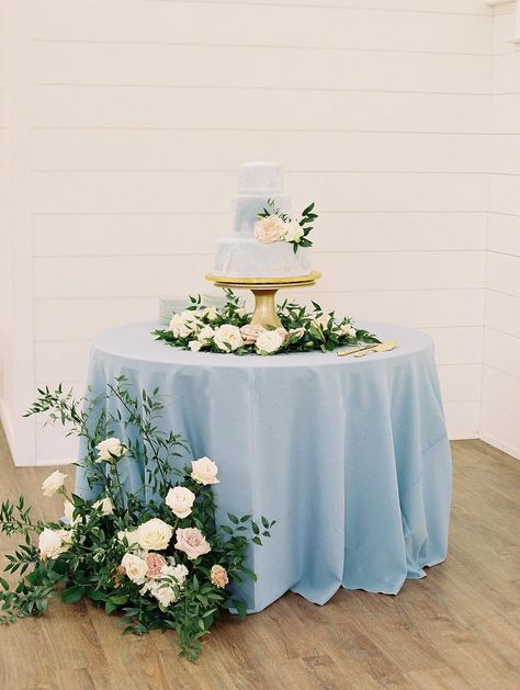 Cake Table Arrangement, Table Cake Decoration Ideas Wedding, Dusty Blue Cake Table, Bride Cake Table Ideas, Flowers Around Cake Table, Wedding Cake Table Decorations Simple, Subtle Cinderella Wedding, Wedding Cake Table Backdrop Ideas, Cake Table Set Up