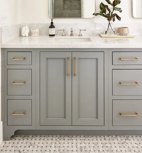 Master Bath Green Vanity, Seafoam Bathroom Vanity, Pale Green Bathroom Vanity, Light Sage Green Bathroom Cabinets, Sea Salt Cabinets Bathroom, Sea Salt Bathroom Cabinets, Boho Bathroom Cabinet Colors, Taupe Vanity Bathroom, Sage Vanity Bathroom