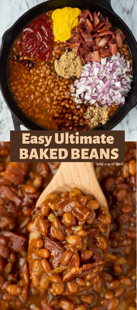 Easy Ultimate Baked Beans - Your Cup of Cake Canned Baked Beans, Bbq Side Dishes, Baked Bean Recipes, Easy Bacon, Bbq Sides, Sides Recipes, Canned Beans, Pork Chop, Pasta Bake