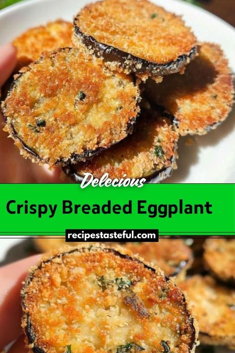 A delicious and crispy dish featuring breaded eggplant rounds, perfect as an appetizer or main course. Golden-brown and flavorful, this recipe pairs well with marinara sauce or a yogurt-based dip. Breaded Eggplant Recipes, Breaded Eggplant, Crispy Eggplant, Simple Delicious Recipes, Eggplant Recipe, Wholesome Meals, Eggplant Recipes, Food Favorites, Perfect Appetizers