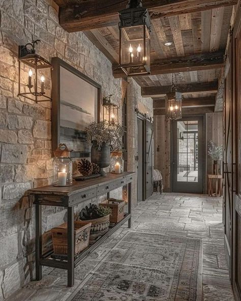 Ashley Stark Kenner (@ashleytstark) • Instagram photos and videos Hallway Lighting Ideas, Rustic Foyer, Ashley Stark, Hallway Design Ideas, Hallway Seating, Foyer Ideas Entryway, Rustic Hallway, Warm Ambient Lighting, Lake House Interior