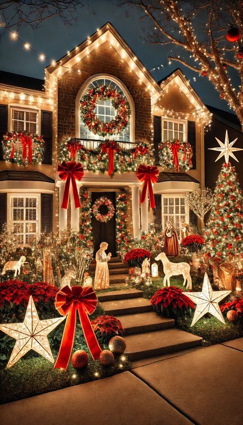 Best Christmas Outdoor Lights, Christmas Yard Themes, Front Yard Christmas Light Display, Classic Christmas Yard Decorations, Christmas Light Displays Outdoor, Xmas Lights Outdoor Ideas, Outdoor Christmas Lights Ideas Houses, Front Yard Christmas Decorations Ideas, Christmas Nativity Scene Display