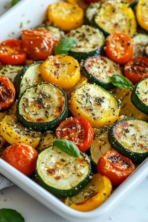 A baking dish filled with colorful, roasted zucchini, yellow squash, and tomatoes, topped with melted Parmesan and fresh basil. Salami Rollups, Keto Thanksgiving Sides, Thanksgiving Squash, Vegetable Based Meals, Gluten Free Thanksgiving Side Dishes, Garlic Parmesan Zucchini, Squash And Zucchini Recipes, Gluten Free Veggies, My Heavenly Recipes