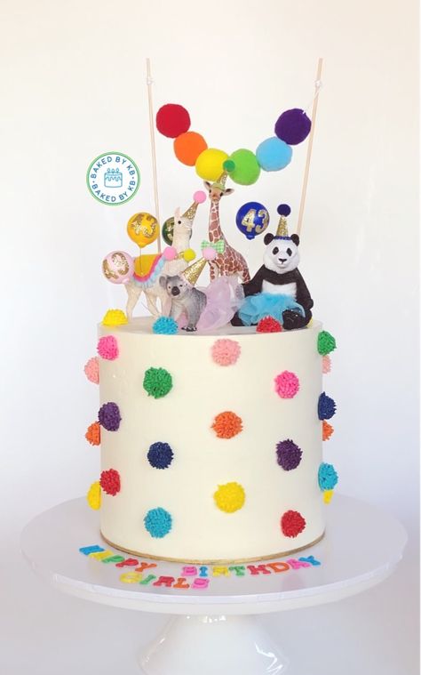 Pom Pom Cake, Colorful Birthday Cake, Rainbow Pom Pom, Animal Themed Birthday Party, 2nd Birthday Party For Girl, Animal Birthday Cakes, Wild Birthday Party, Zoo Birthday, 2 Birthday Cake