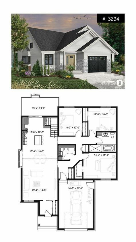 House Plans Small One Story, House Plans With Garage, 3 Bedroom Home Floor Plans, Open Concept House Plans, Ceiling Kitchen, Cool House Plans, Basement House Plans, Little House Plans, House Plans 3 Bedroom