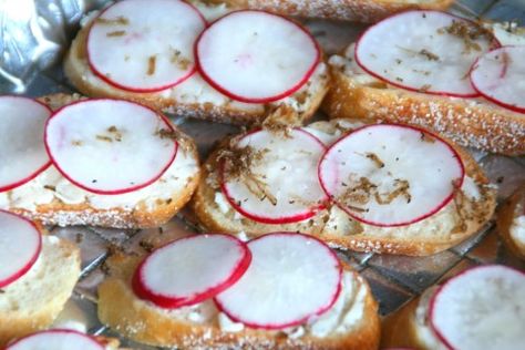 Radish and Truffle Butter Tartines Spring Feast, Radish Recipes, Truffle Butter, Ladies Luncheon, Sliced Baguette, Sandwiches For Lunch, Garden Recipes, Radishes, Sandwiches Wraps