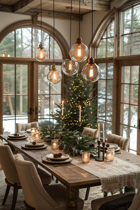 35 Neutral Christmas Decor for a Rustic Holiday Vibe Christmas Dining Table Decor Traditional, Christmas Modern Farmhouse Decor, Elegant Cozy Christmas Decor, Classic Elegant Christmas Decor, Mercury Glass Christmas Tree Tablescape, Thanksgiving With Christmas Decorations, Christmas Over Table Decorations, Garland On Table Christmas, Elegant Christmas Dining Room Decor