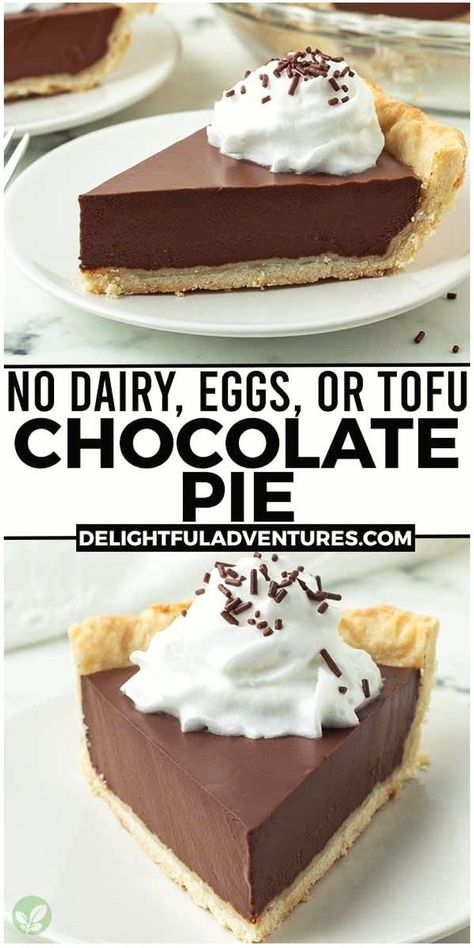 Indulge in this luscious, decadent, melt-in-your-mouth vegan chocolate pie, free from tofu, soy, nuts, and dairy! With just four ingredients and a few minutes, you can create this easy, plant-based dessert. Opt for a homemade or store-bought crust (regular or gluten-free). Everyone will be amazed by this creamy, impressive vegan treat that's simpler to make than it looks. Dairy Free Pie Recipes, Vegan Chocolate Pie Recipe, Gluten Free Chocolate Pie, Vegan Chocolate Pie, Dairy Free Pies, Non Dairy Desserts, Nut Free Desserts, Vegan Gluten Free Desserts, Chocolate Pie Recipes