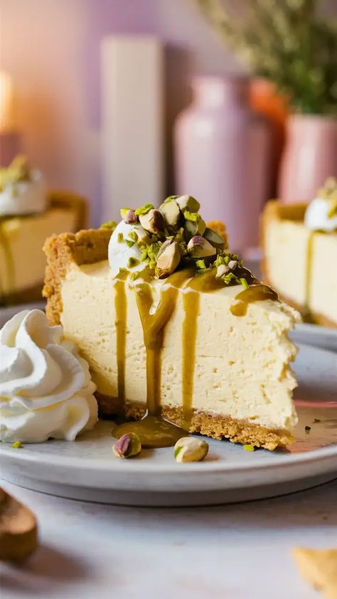 The Most Delicious Pistachio Cheesecake Recipe Italian Pistachio Cheesecake, Pistachio Pudding Cheesecake, Pistachio Ricotta Cheesecake, Honey Pistachio Cheesecake, Cheesecake Recipes Pistachio, White Chocolate Pistachio Cheesecake, No Bake Pistachio Cheesecake, Pistachio Dacquoise, Pistachio Cheesecake Recipe