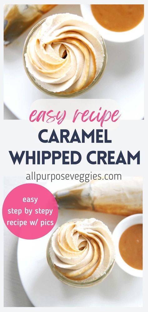 Who doesn't love caramel and whipped cream, much less together? Impress your guests and taste buds with this Caramel Whipped Cream Swirled with beautiful ribbons of caramel. The secret to making the beautiful swirl effect is lining the inside of a piping bag with caramel so that when you pipe the whipped cream onto your dessert, the caramel will create a beautiful swirl pattern in the cream as it's squeezed out through the nozzle. #whippedcream #frosting #chantillycream #caramel Salted Caramel Whipped Cream Frosting, Salted Caramel Cream Cheese Frosting, Piping Whipped Cream On Cake, Caramel Whipped Cream Frosting, Salted Caramel Whipped Cream, Thick Caramel Filling, Whipped Caramel Frosting, Whipped Caramel, Homemade Christmas Desserts