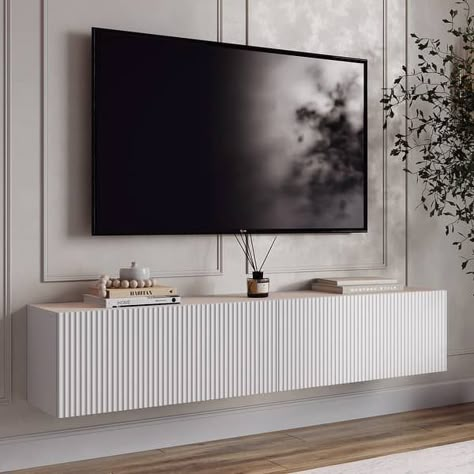 Tv Stand Decor Living Room, Bedroom Tv Wall, Floating Entertainment Center, White Tv Stands, Tv Stand Decor, Living Tv, Floating Tv Stand, Floating Tv, Tv Board