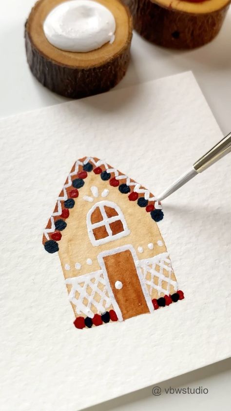 Gingerbread House Watercolor Painting, Cute Christmas Gift Card Ideas, New Years Watercolor Ideas, Watercolour Gingerbread House, Gingerbread House Watercolor, Watercolor Gingerbread House, Christmas House Painting, Christmas Art Illustration, Gingerbread House Painting