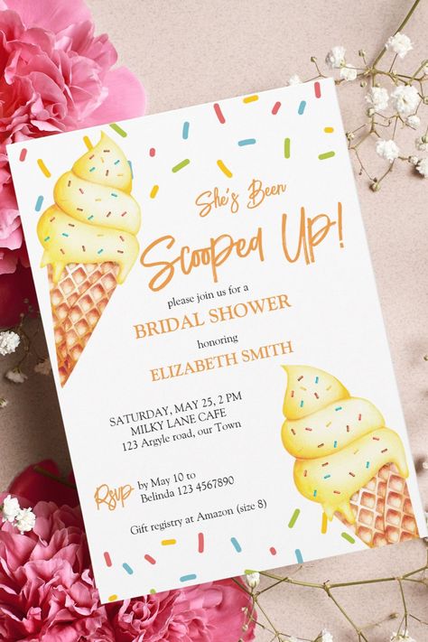 She's been scooped up ice cream bridal shower invitation template instant download Bridal Party Themes Summer, Summer Themed Bridal Shower Ideas, Sweet Bridal Shower Theme, All Scooped Up, Scooped Up, Scooped Up Bridal Shower Theme Food, Scooped Up Bachelorette, She Got Scooped Up, Scooped Up Bridal Shower Centerpieces