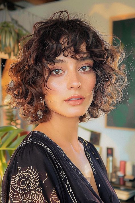 Curly bangs with layered bob for a trendy look Short Curly Hair With Bangs Round Face, Face Framing Bangs Curly Hair, Curly Cut With Bangs, Curls With Volume, Layered Curly Hairstyles, Curly Bob Bangs, Curly Bob With Fringe, Curly Bob With Bangs, Layered Curly Haircuts