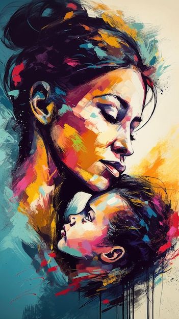 A painting of a mother and child for mot... | Premium Photo #Freepik #photo #mother-illustration #mothers-day-poster #mothers-day-mom #mother-day-background Painting On Mother, Art About Mother And Daughter, Painting Ideas On Mother's Day, Mothers Day Special Painting, Sketches For Mother’s Day, Art For Mother Day, Mother's Day Artwork Paintings, Poster For Mothers Day, Mother Art Beautiful Paintings