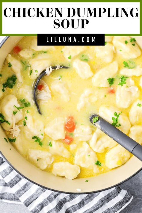 This simple, delicious chicken dumpling soup is filled with chunks of chicken and pieces of biscuit, along with your favorite veggies! #chickendumplingsoup #chickenanddumplings #chickenandbiscuit #chickensoup #dumplingsoup Easy Chicken Dumpling Soup, Chicken Dumpling Soup, Chicken Dumpling, Dumpling Soup, Lil Luna, Dumplings For Soup, Chicken Soup Recipes, Delicious Chicken, Chicken And Dumplings