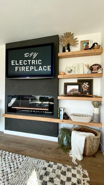 7 Popular Floating Shelves Next to Fireplace Diy Electric Fireplace With Floating Shelves, Floating Tv And Fireplace Wall, Tv Over Fireplace With Floating Shelves, Floating Mantle No Fireplace, Electric Fireplace Wall With Shelves, Small Living Room With Electric Fireplace, Fireplace In Bookshelf, Diy Floating Shelves Fireplace, Shiplap Fireplace With Shelves