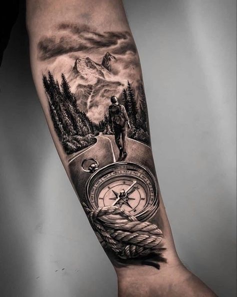 Mountain Sleeve Tattoo, 44 Tattoo, Natur Tattoo Arm, Arm Tattoos For Guys Forearm, Nature Tattoo Sleeve, Country Tattoos, Realistic Tattoo Sleeve, Hiking Tattoo, Forarm Tattoos