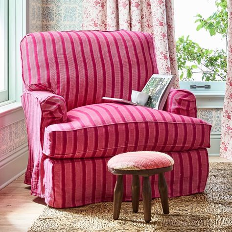 Winnie English Arm Slipcovered Armchair | Greenrow Slipcovered Armchair, Striped Armchair, Cosy Armchair, Home Goods Furniture, House Makeovers, Pink Rooms, Living Dining Rooms, Cabin Inspiration, House Name