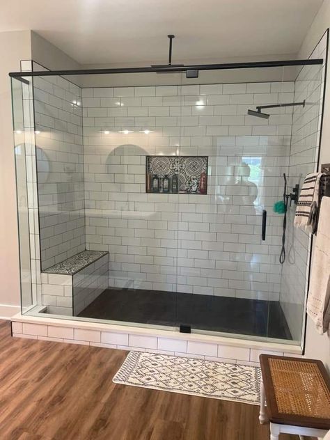 Masterbath Tile Showers, Large Basement Bathroom Ideas, Beige Grey Bathroom Ideas, Bathroom With Large Shower No Tub, Master Shower With Pony Wall, Long Narrow Shower Ideas, Farmhouse Master Bath Shower Ideas, Black And White Walk In Shower Ideas, Walk In Shower Tile Ideas Color Schemes