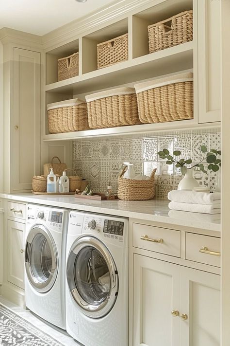 Multi Functional Laundry Room, Built In Laundry Room Cabinets, Laundry Room And Office Combo, Laundry Interior Design, Pretty Laundry Room, Chic Laundry Room, Utility Room Ideas, Elegant Laundry Room, Mudroom Laundry Room Ideas