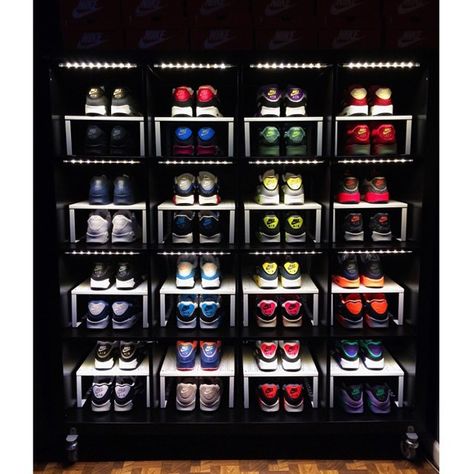 Materials: Dioder LEDs, Expedit bookcase, Kallax wheels, Variera shelfs I decided to display my sneakers using all IKEA products. I manage to rack up a few pairs and was running out of room to store. Using an Expedit bookcase already on hand, purchased in the “As Is” section, and a few other IKEA items managed … Sneaker Room Ideas, Sneaker Regal, Sneaker Storage Ideas, Sneakers Storage, Ikea Shoe Storage, Shoe Storage Hacks, Sneakers Head, Garage Organization Shelves, Sneaker Room