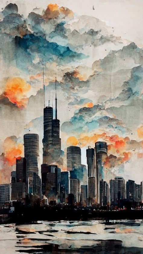 Chicago Skyline Painting, Chicago Painting, City Scape Painting, Skyline Drawing, Cityscape Drawing, Skyline Artwork, City Skyline Art, Skyline Painting, Watercolor City