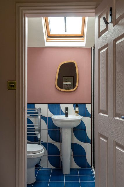 Pink & Blue Ensuite - Contemporary - Bathroom - Other - by KERV Interiors | Houzz UK Blue Monochrome Bathroom, Bathrooms With Blue Tile, Blue Pink Bathroom, Blue Floor Bathroom, Blue Ensuite, Small Bathroom Colours, Small Blue Bathroom Ideas, Pink Blue Bathroom, Blue And Pink Bathroom