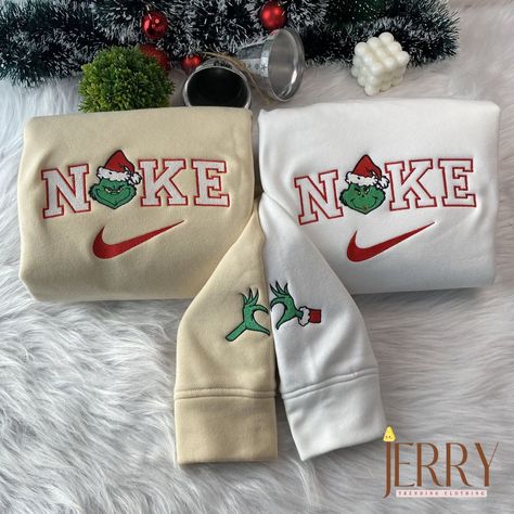 Mrs And Mr Grinch Face Christmas Nike Embroidered Sweatshirt, Christmas Gift for Couple Christmas Sweatshirt Ideas, Christmas Nike, Nike Embroidered Sweatshirt, Grinch Stuff, Sweatshirt Ideas, Mr Grinch, Cute Hoodies, Matching Hoodies, Cute Nike Outfits