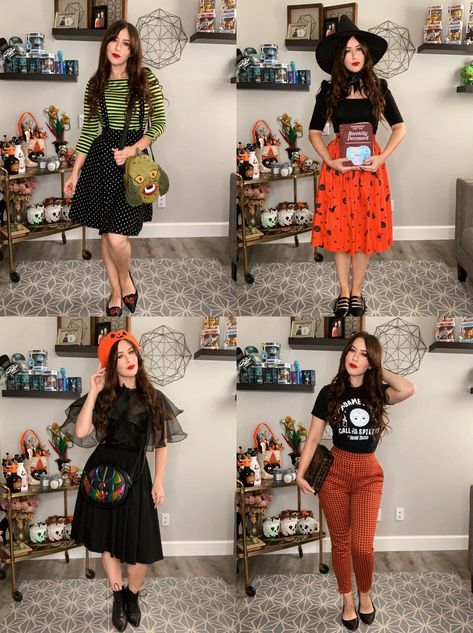 Halloween Style 2020: Vol.1 | Vintage Inspired Spooky Style Outfits Halloween Vintage Outfits, Halloween Theme Outfits Women, Spooky Work Outfit, Gothic Teacher Style, Outfits For Halloween Casual, October Inspired Outfits, Halloween Week Outfits, Retro Halloween Outfit, Halloween Color Outfits