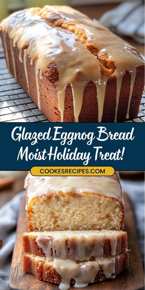 This Glazed Eggnog Bread is the perfect holiday treat! 🍞🎄 Bursting with warm nutmeg, cinnamon, and rich eggnog flavors, this moist loaf is topped with a sweet eggnog glaze for a festive finish. Perfect for holiday breakfasts, gifts, or snacking by the fire! 🥛 #EggnogBread #HolidayBaking #ChristmasTreats #FestiveRecipes #QuickBreads Egg Nog Quick Bread Recipes, Moist Orange Bread, Eggnog French Toast Recipe, Eggnog Brownie Recipes, Eggnog Bread Mini Loaves, Holiday Bread Loaf Recipes, Holiday Sweet Bread Recipes, Christmas Bread Maker Recipes, Egg Nog Breakfast Recipe