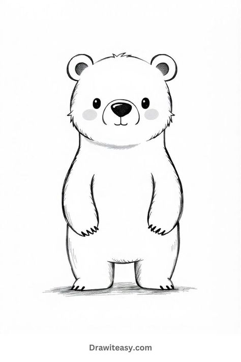 A standing cartoon bear looking directly ahead with a cute, soft expression, sketched in a simplistic style. Animal Sketches Pencil, Easy Animals To Draw, Animals To Draw, Easy Animal Drawings, Color Me Mine, Easy Animals, Bear Drawing, Travel Pictures Poses, Pencil Drawings Easy