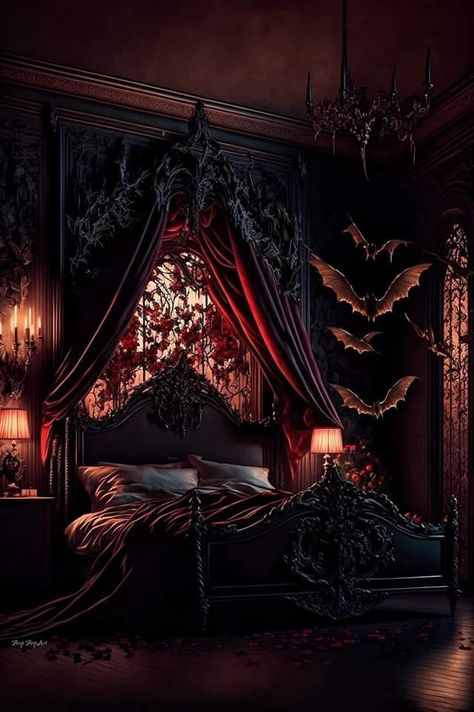 Drake Bedroom, Vampire Bedroom, Gothic Rooms, Book Castle, Gothic Homes, Vampire Vibes, Gothic Decor Bedroom, Goth Bedroom, Castle Bedroom