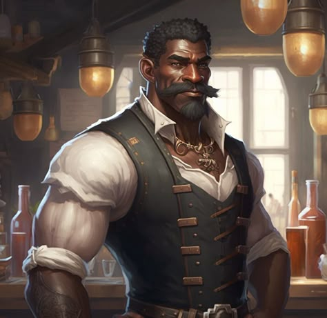 Bartender Character Art, Bar Maid Dnd, Dnd Bartender Art, Bartender Character Design, Dnd Bartender, Fantasy Bartender, Blades In The Dark Characters, Radiant Citadel, Black Pirates