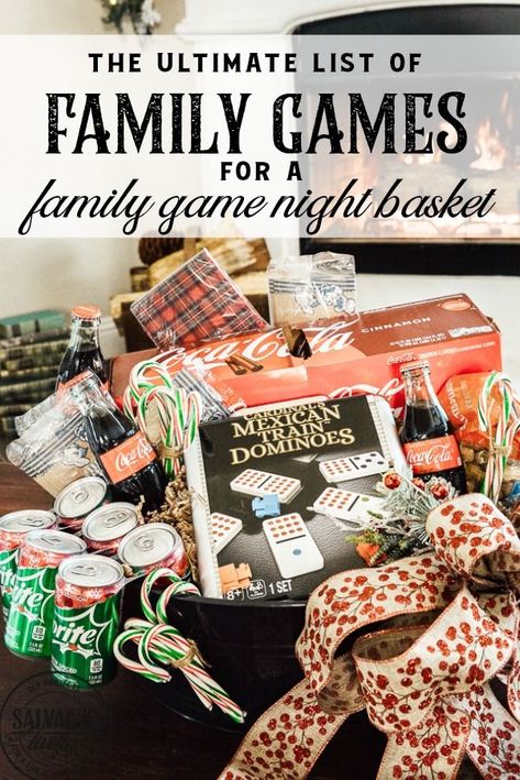 The ultimate list of family games for a family game night gift basket. The perfect gift for a family with tweens and teens plus extra gift ideas to tuck into your basket for the perfect party at home for a family with kids at Christmas. #JoinTheFizztivities #christmasgift #familygamenight #holidaygiftidea #teengift #ad Game Night Gift Basket Ideas, Game Night Basket, Unique Christmas Gift Baskets, Family Game Night Gift Basket, Game Night Gift Basket, Family Game Night Basket, Game Basket, Family Gift Baskets, Game Night Gift