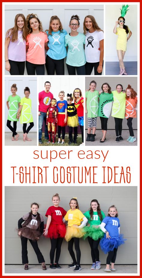 Last-minue costume ideas! We've often made costumes with tshirts - easy and simple and cute! Here are ideas for Easy T-shirt Costumes. Office Matching Halloween Costumes, Group T Shirt Costume Ideas, Easy Super Hero Costumes, Co Teacher Halloween Costumes, Work Group Halloween Costumes For Adults, Group Teacher Costumes, Teacher Team Halloween Costumes, Coworker Halloween Costumes, Easy Family Costumes