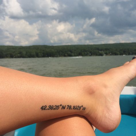 Longitude latitude tattoo of Rushford Lake Coordinates Tattoo Placement Ankle, Lake Related Tattoos, Longitude Latitude Tattoo, Lake Inspired Tattoo, Beach Coordinates Tattoo, Lake Tatoos, Latitude And Longitude Tattoo, Lake Tattoo Simple, Lake Superior Tattoo