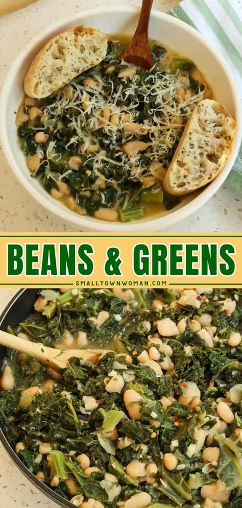 Try these authentic Appalachian Style Beans and Greens! They're such a hearty, delicious side dish. Plus, this beans and greens recipe includes Southern, Italian, and Cajun variations! Italian Beans And Greens, Italian Bean Recipes, Greens And Beans Recipe Italian, Italian Greens Recipe, Kale Greens Recipe Southern, Canned Beans Recipe Ideas, Beans And Greens Recipe, Cannellini Bean Recipes, Kale And Beans